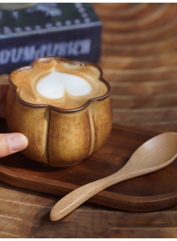 Vintage Flower Rough Pottery Coffee Cup, Ceramic Mug, Creative Tea Cup Coffee Color+Acacia Wood Coaster+Beech Wood Spoon - Image 1